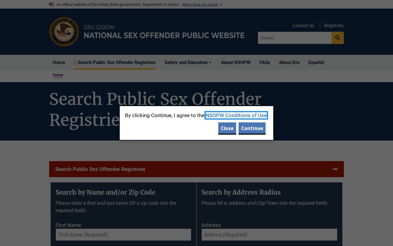 Bernalillo County sex offender records search fields on NSOPW